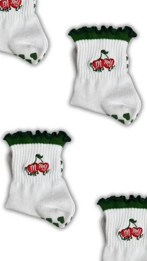 Dark Green "in my pilates era" cherry grip socks