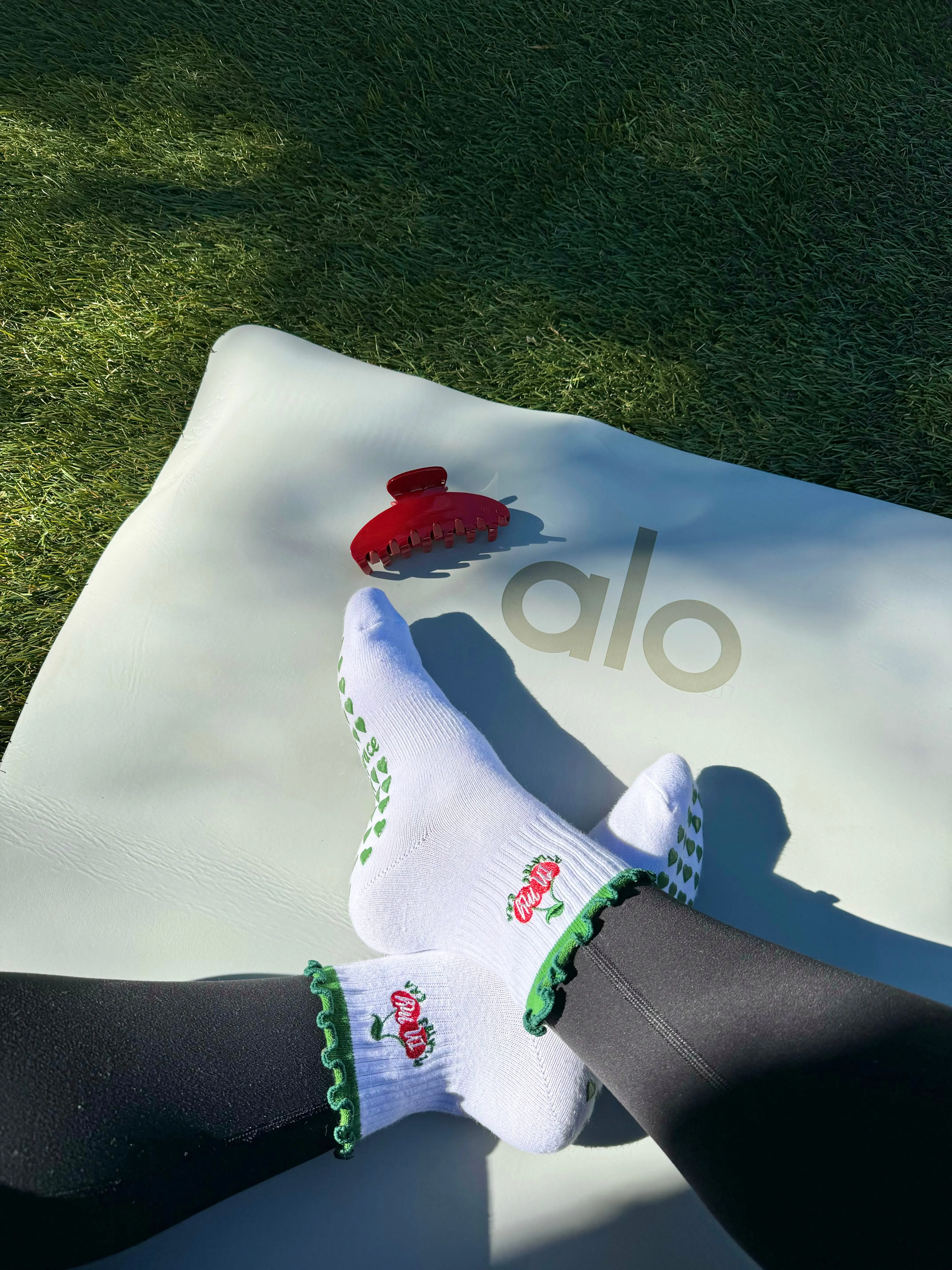 Dark Green "in my pilates era" cherry grip socks