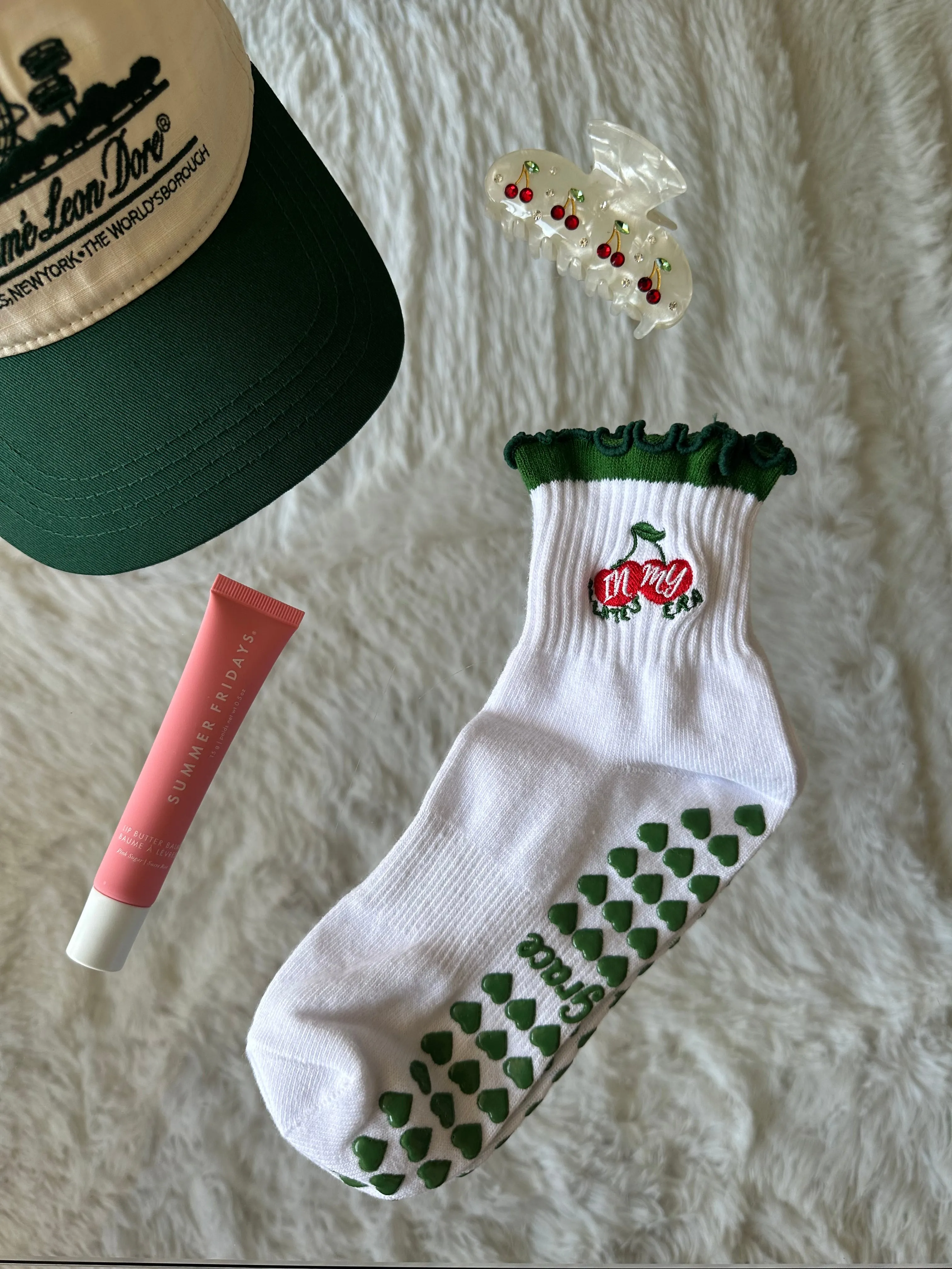 Dark Green "in my pilates era" cherry grip socks