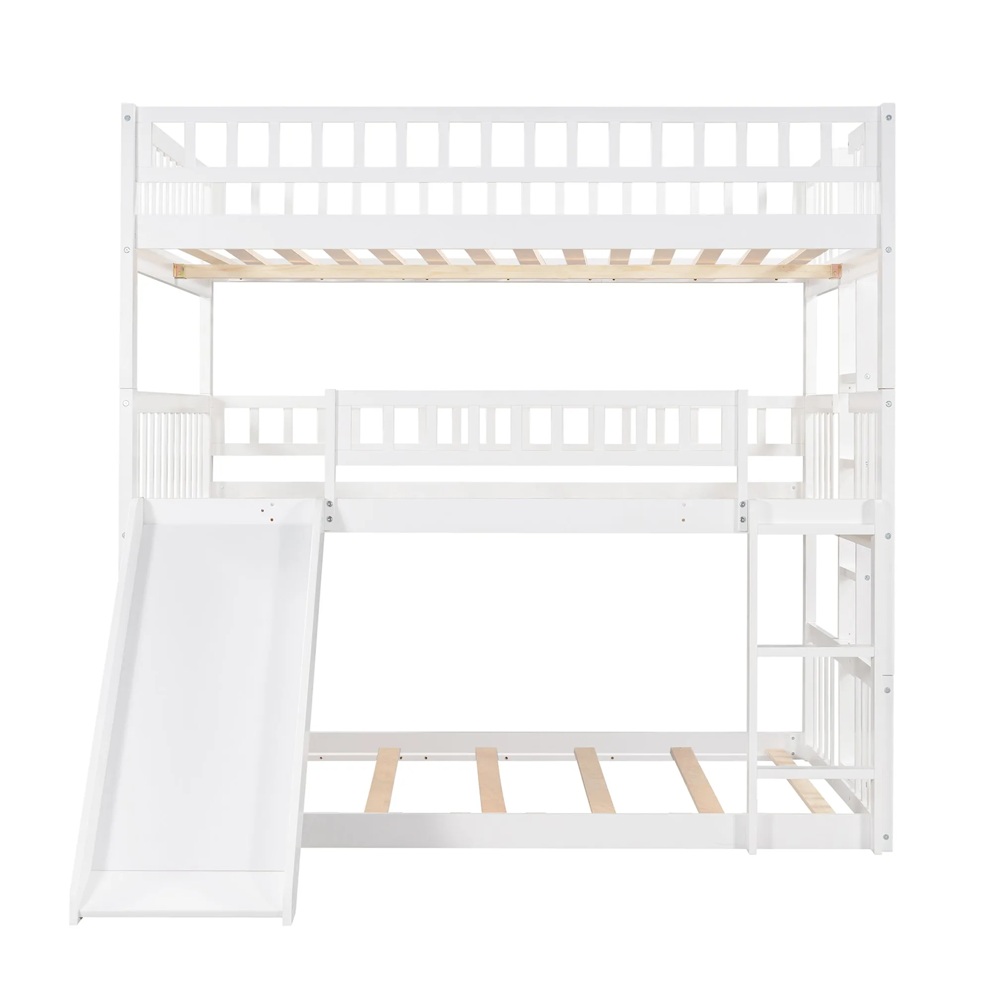 Full-Over-Full-Over-Full Triple Bed with Built-in Ladder and Slide , Triple Bunk Bed with Guardrails, White