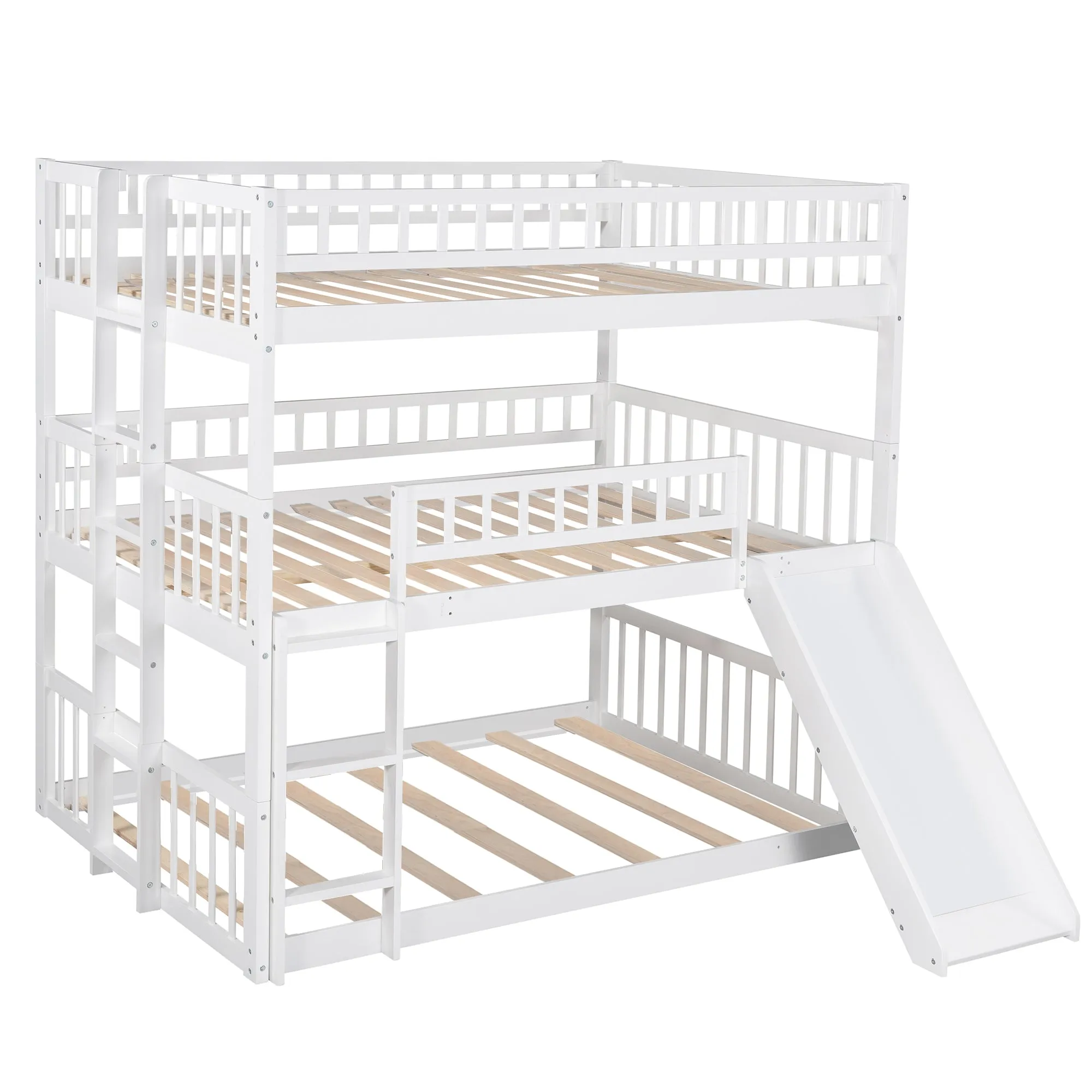 Full-Over-Full-Over-Full Triple Bed with Built-in Ladder and Slide , Triple Bunk Bed with Guardrails, White