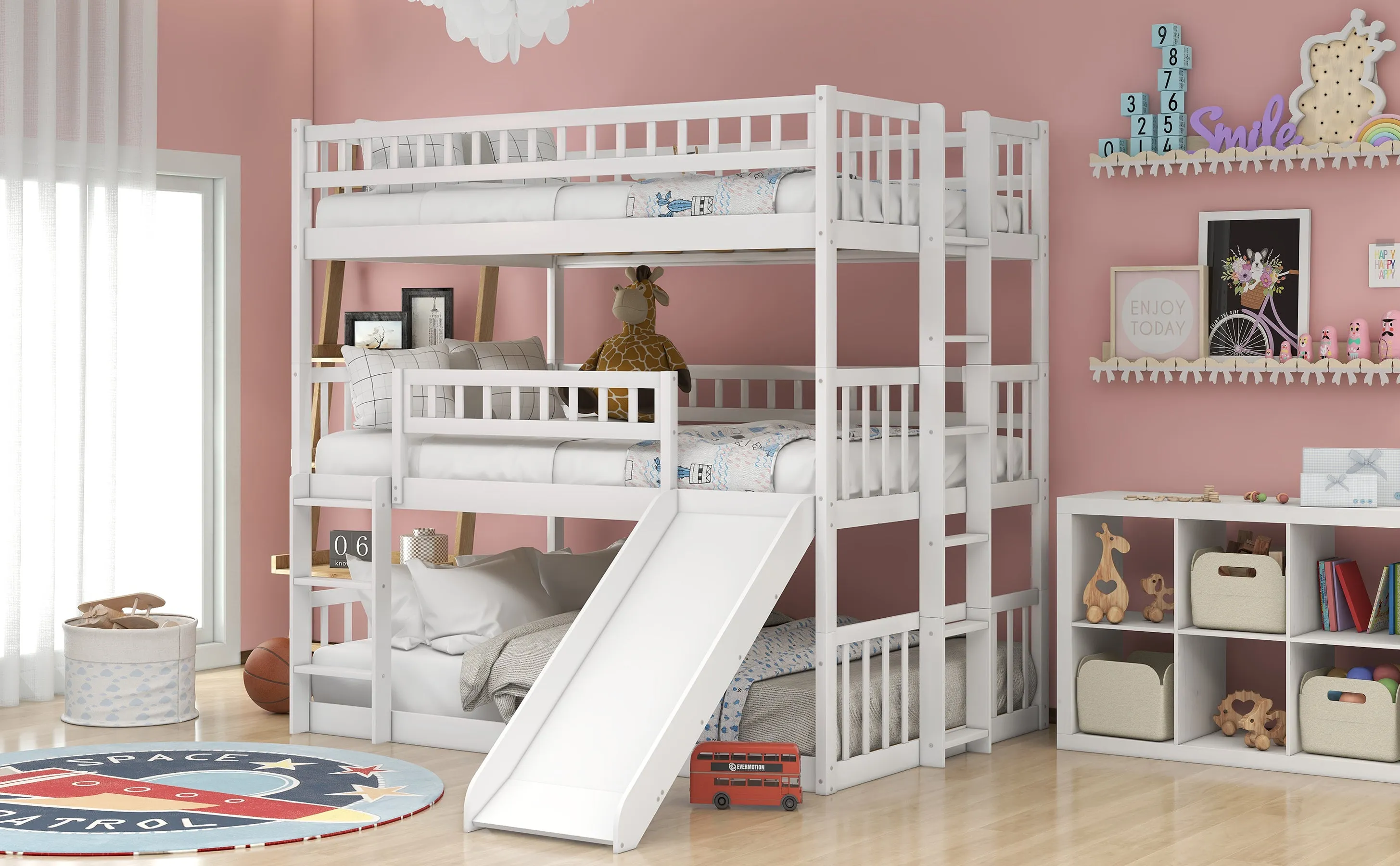 Full-Over-Full-Over-Full Triple Bed with Built-in Ladder and Slide , Triple Bunk Bed with Guardrails, White