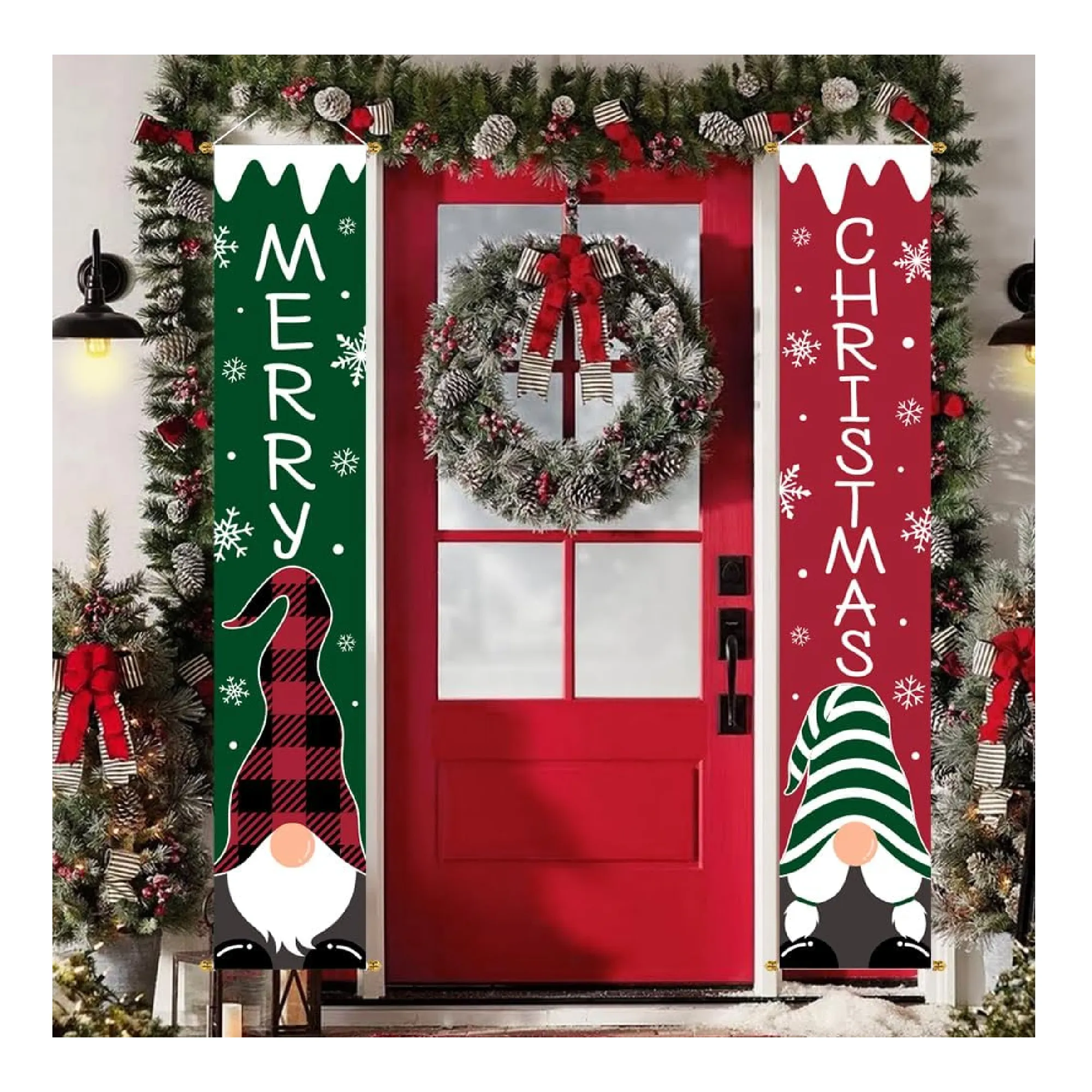 Ivenf Christmas Decorations Outdoor Yard: Cute Red Green Gnome Tomte Front Porch Sign Door Banner