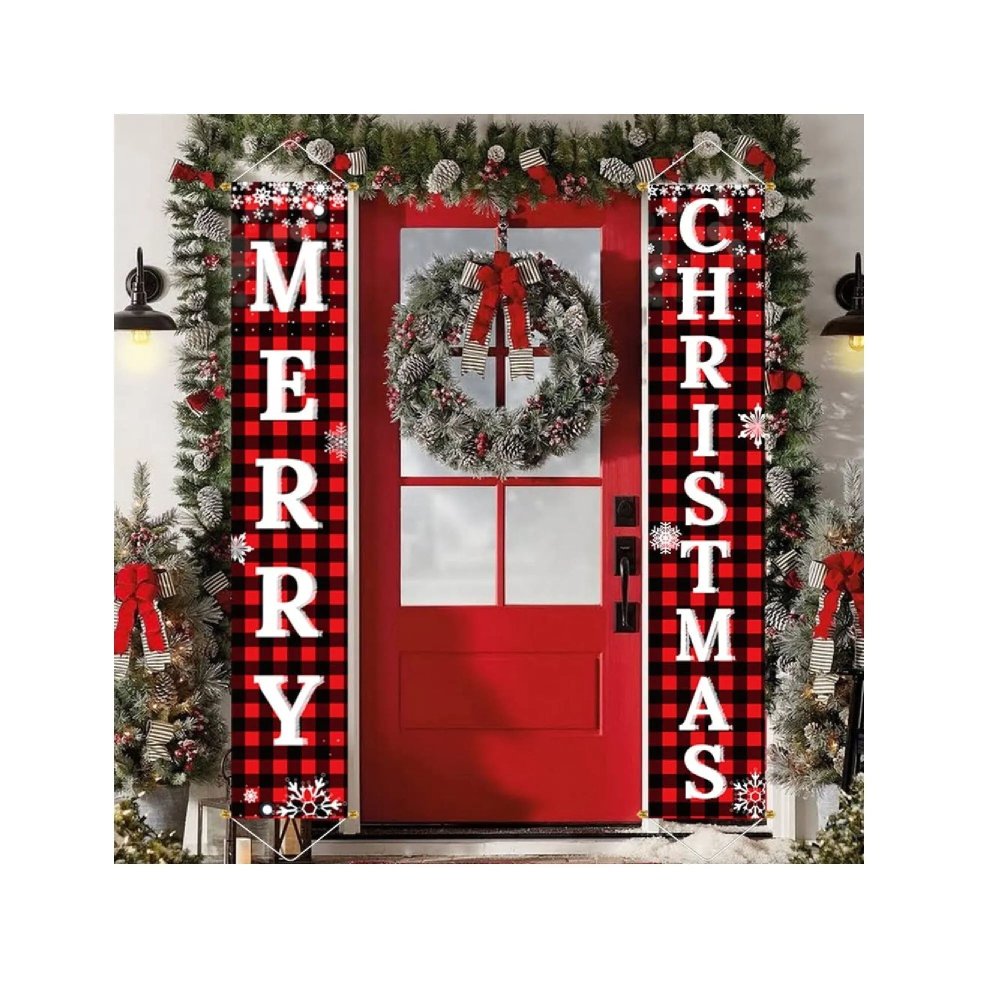 Ivenf Christmas Decorations Outdoor Yard Front Porch Sign Set | Red Black Buffalo Plaid Door Banner