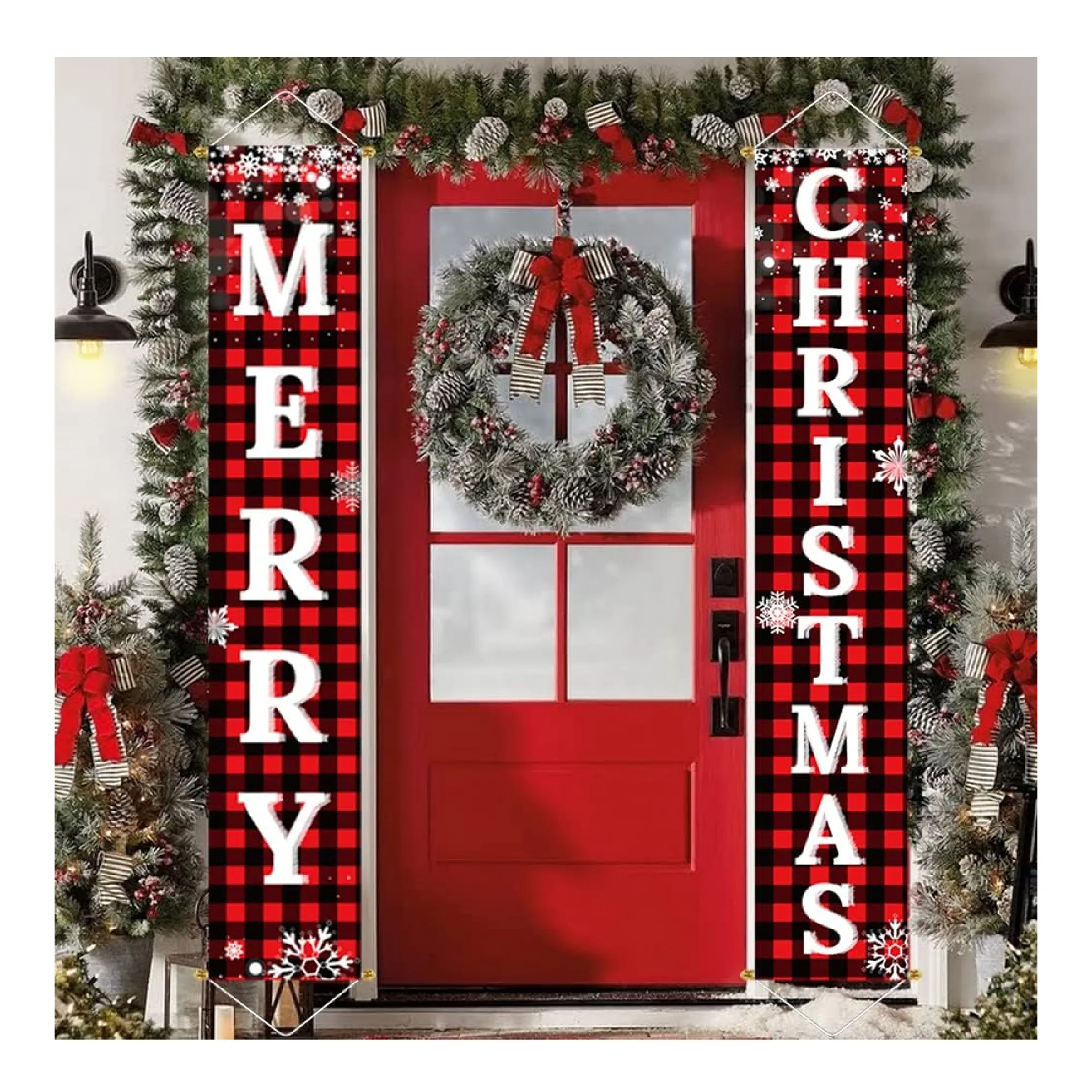 Ivenf Christmas Decorations Outdoor Yard Front Porch Sign Set, Red Black Buffalo Plaid Door Banner