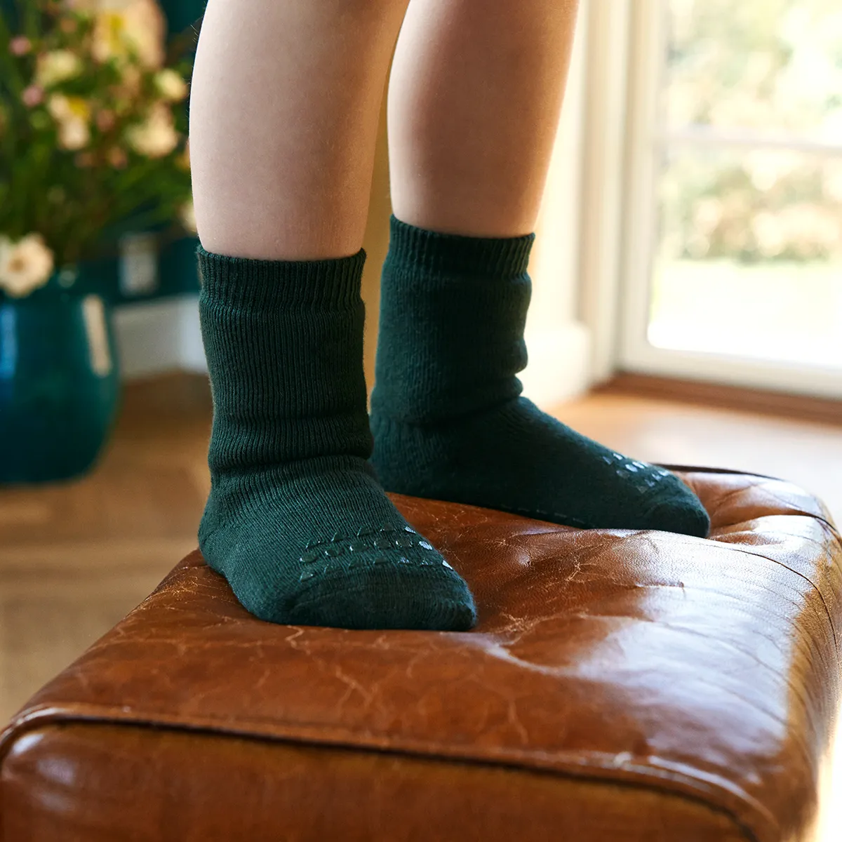 Non-slip Grip Socks Organic Terry Cotton - Forest Green