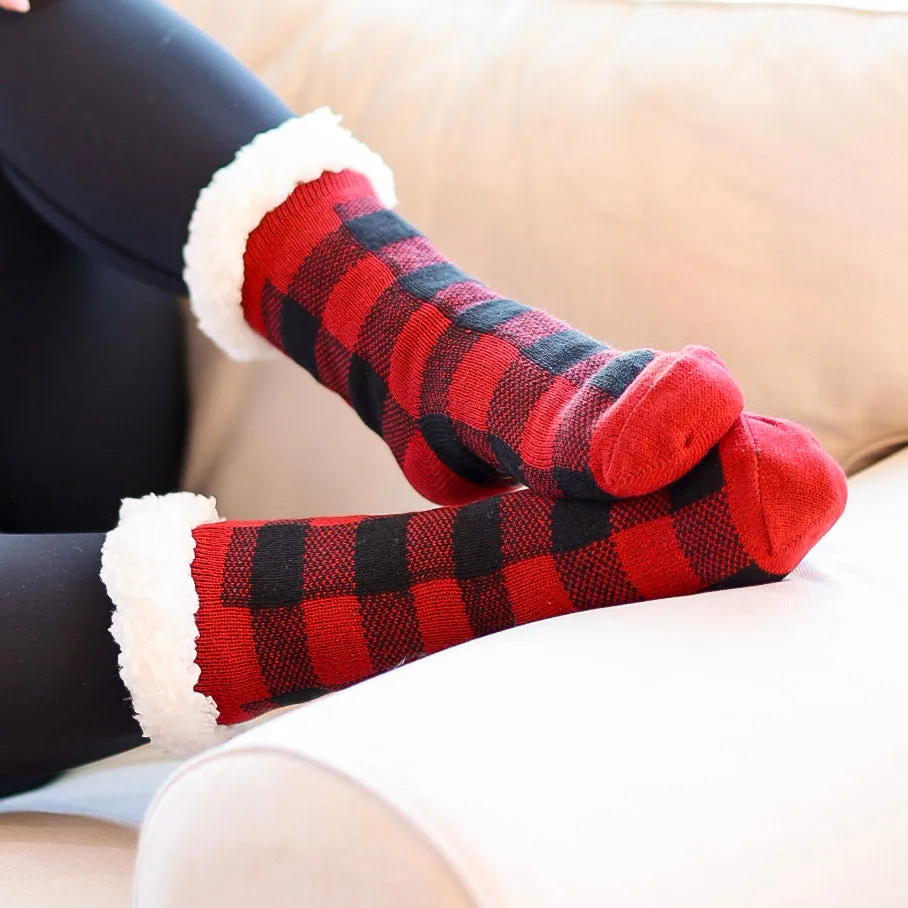 Plush Sherpa Slipper Socks in Red Buffalo Plaid