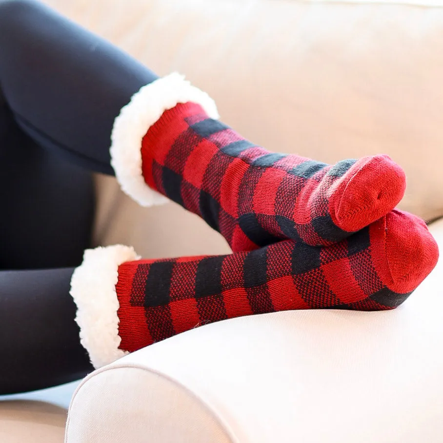 Plush Sherpa Slipper Socks in Red Buffalo Plaid