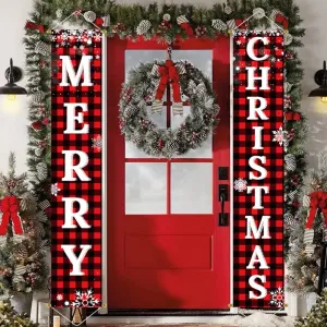 Red Black Buffalo Plaid Door Banner Hanging Merry Christmas Decorations Outdoor Yard Front Porch Sign Set