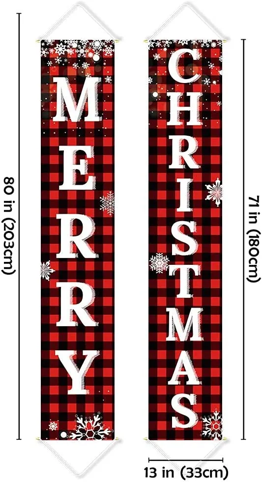 Red Black Buffalo Plaid Door Banner Hanging Merry Christmas Decorations Outdoor Yard Front Porch Sign Set