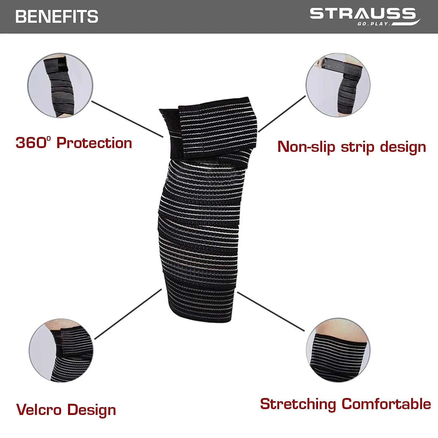 STRAUSS Elastic Knee Compression Bandage Wraps | Support for Ankle, Knee, Elbow Pain Relief, Sports & Workout | Can Be Used For Squats and Powerlifting | Pack of 2,(Black)