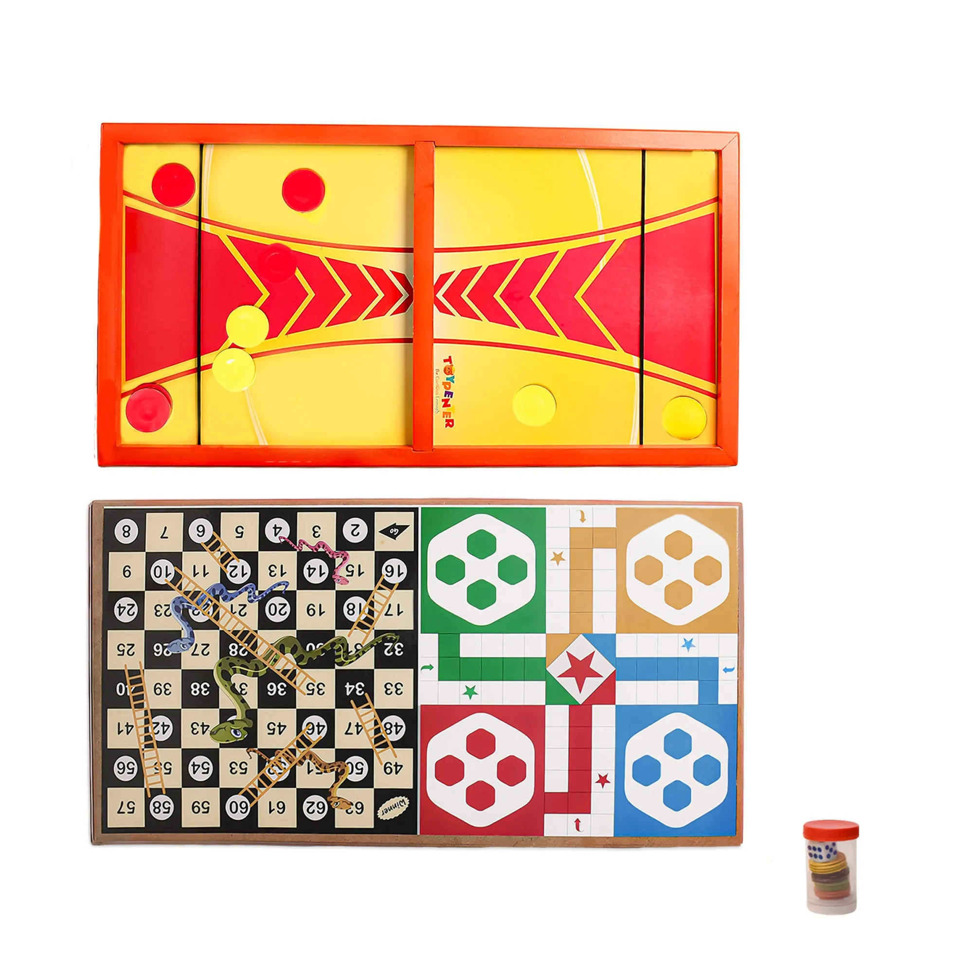 TOYPENTER 3 in 1 String Hockey Table Board with Ludo and Snakes Ladders Game Toy, Wooden Fastest Finger First Game, Sling Puck Board Game for Kids, Childern