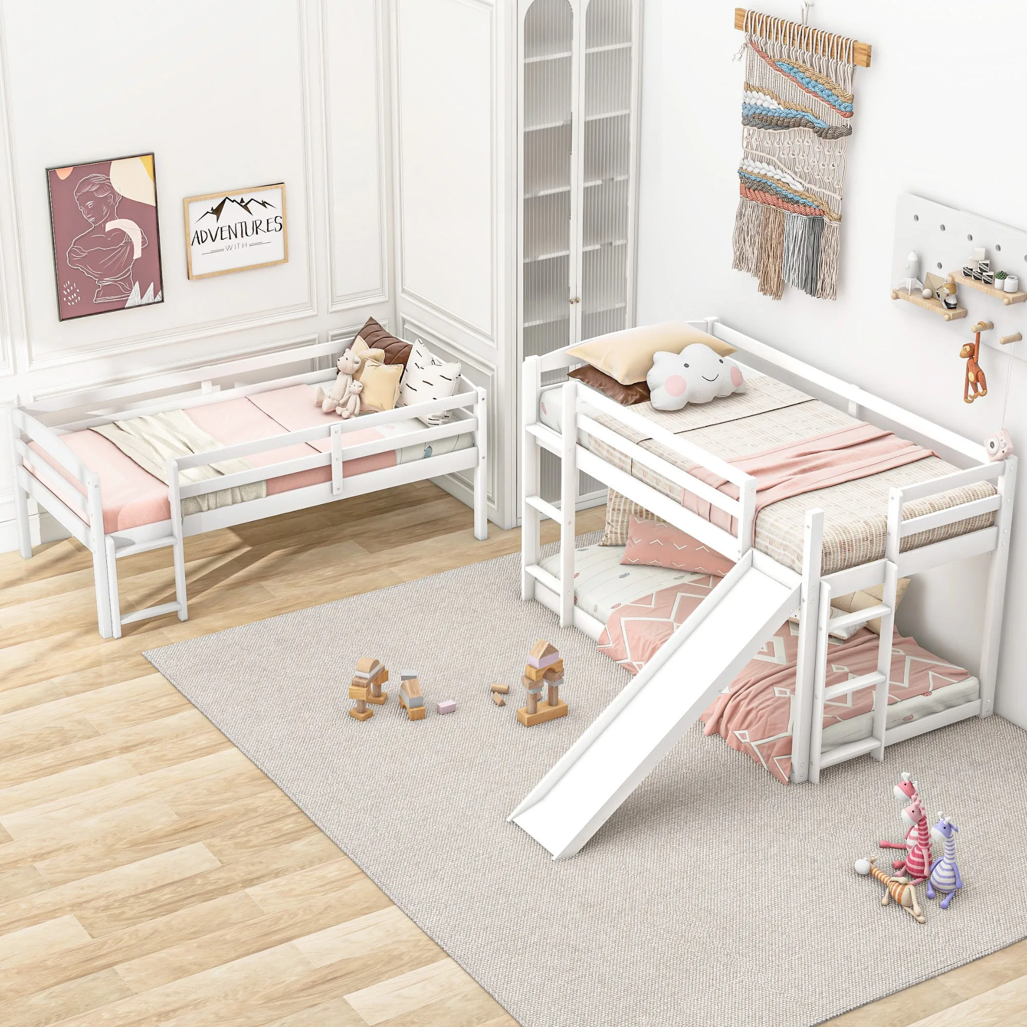 Twin over Twin over Twin Adjustable Triple Bunk Bed with Ladder and Slide, White (OLD SKU:SM000508AAK-1)