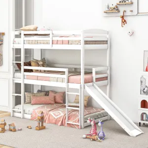 Twin over Twin over Twin Adjustable Triple Bunk Bed with Ladder and Slide, White (OLD SKU:SM000508AAK-1)