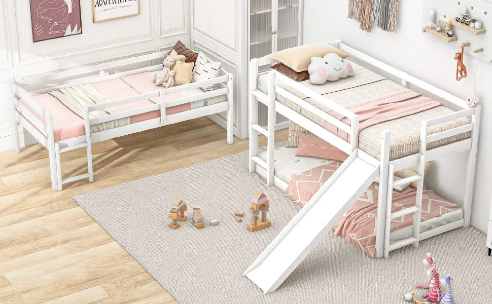 Twin over Twin over Twin Adjustable Triple Bunk Bed with Ladder and Slide, White (OLD SKU:SM000508AAK-1)