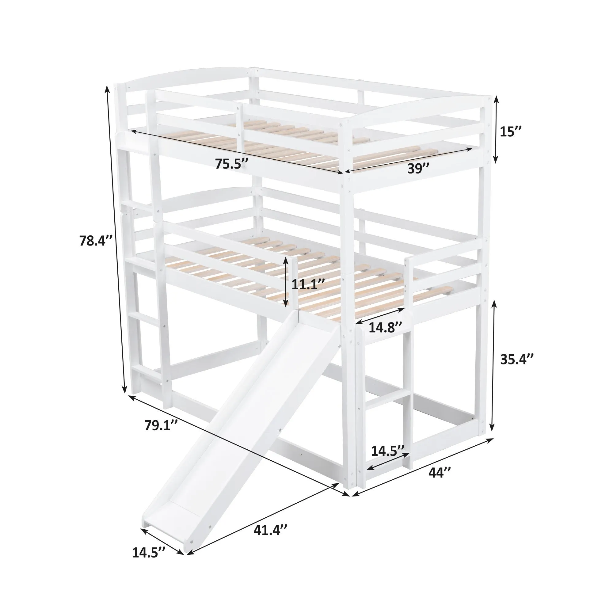 Twin over Twin over Twin Adjustable Triple Bunk Bed with Ladder and Slide, White (OLD SKU:SM000508AAK-1)