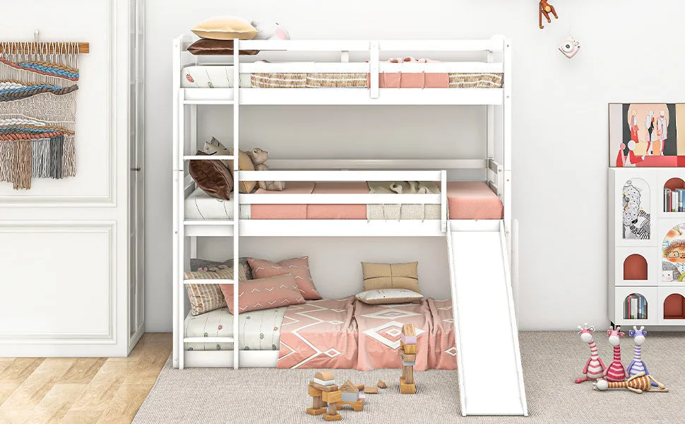 Twin over Twin over Twin Adjustable Triple Bunk Bed with Ladder and Slide, White (OLD SKU:SM000508AAK-1)