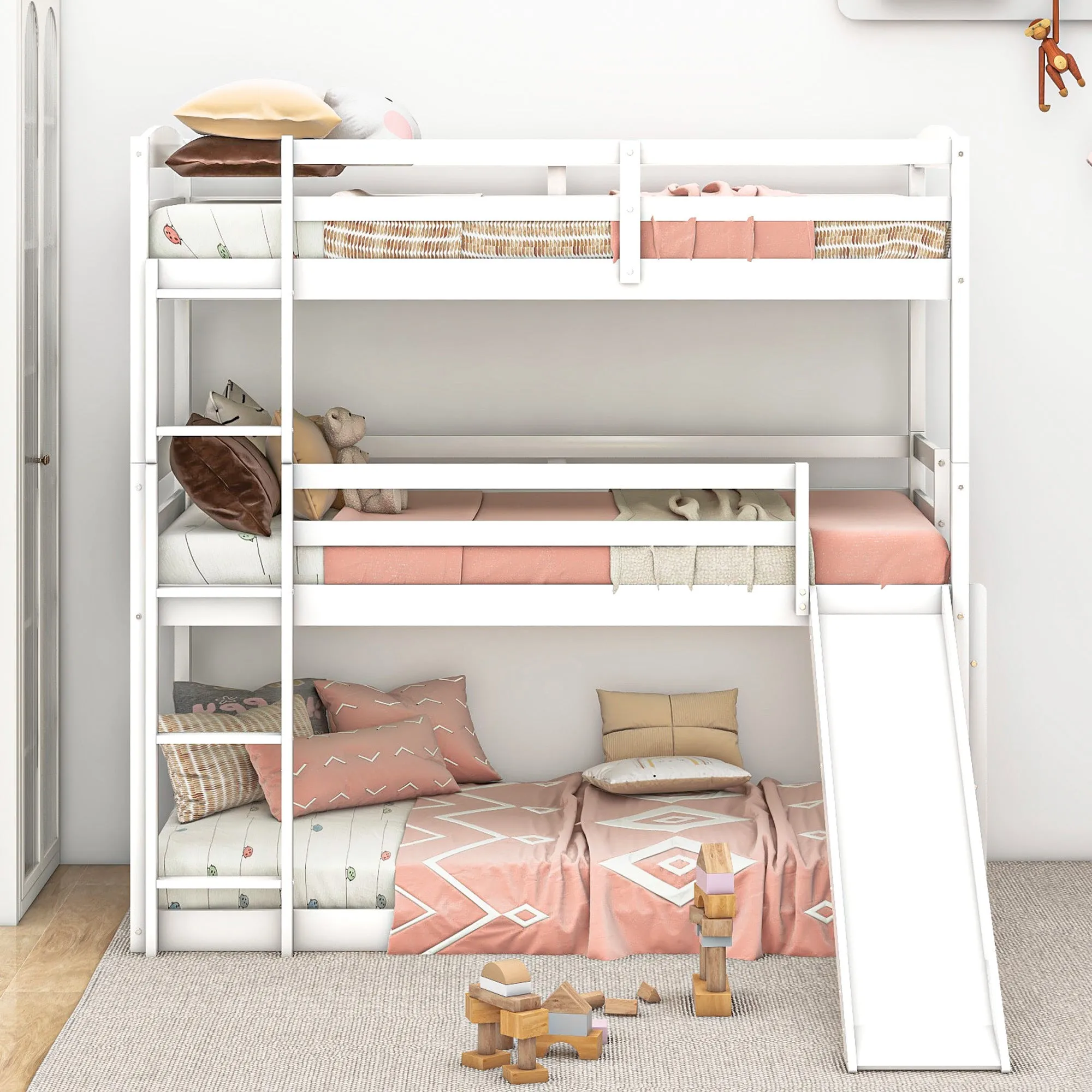 Twin over Twin over Twin Adjustable Triple Bunk Bed with Ladder and Slide, White (OLD SKU:SM000508AAK-1)