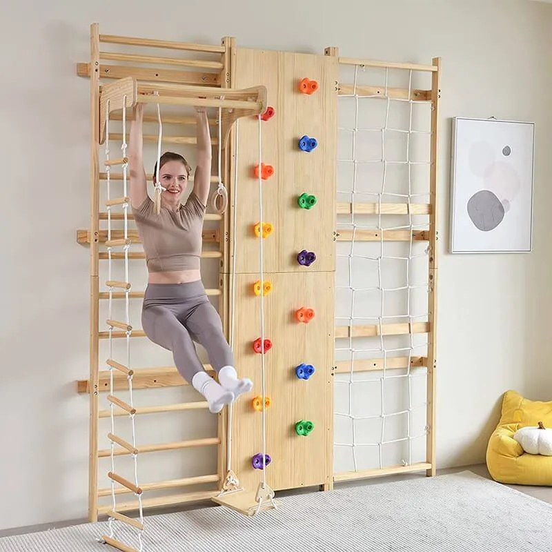 Walnut - 9-in-1 Swedish Ladder Wall Gym Set